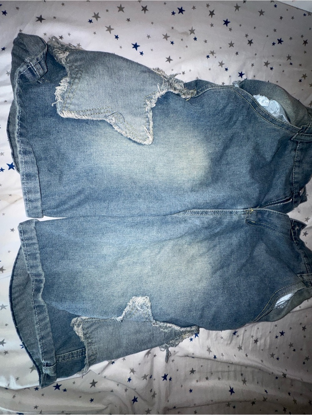 Y2k, Distressed Blue Denim Jorts- Star Patch Detail